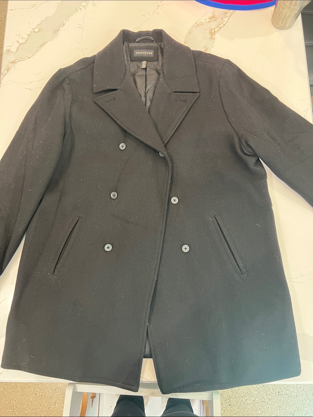 Structure Black Double-Breasted Pea Coat- XL